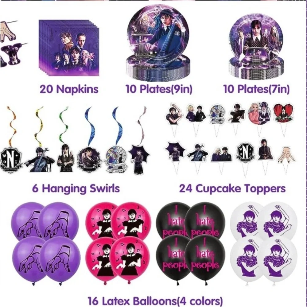 Wednesday Addams Birthday Party Supplies includes banner, balloons, plat…